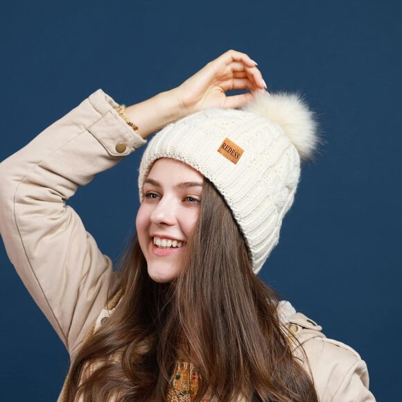 Women Winter Pompom Beanie Hat with Warm Fleece Lined, Thick Slouchy Snow Knit S - Picture 6 of 6